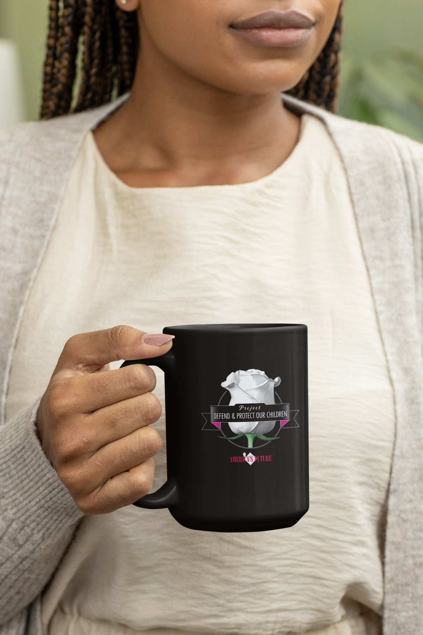Project Defend & Protect Our Children Black Glossy Mug | Awareness & Advocacy Gift