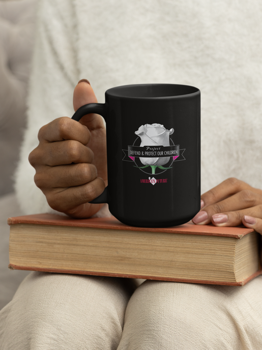 Project Defend & Protect Our Children Black Glossy Mug | Awareness & Advocacy Gift